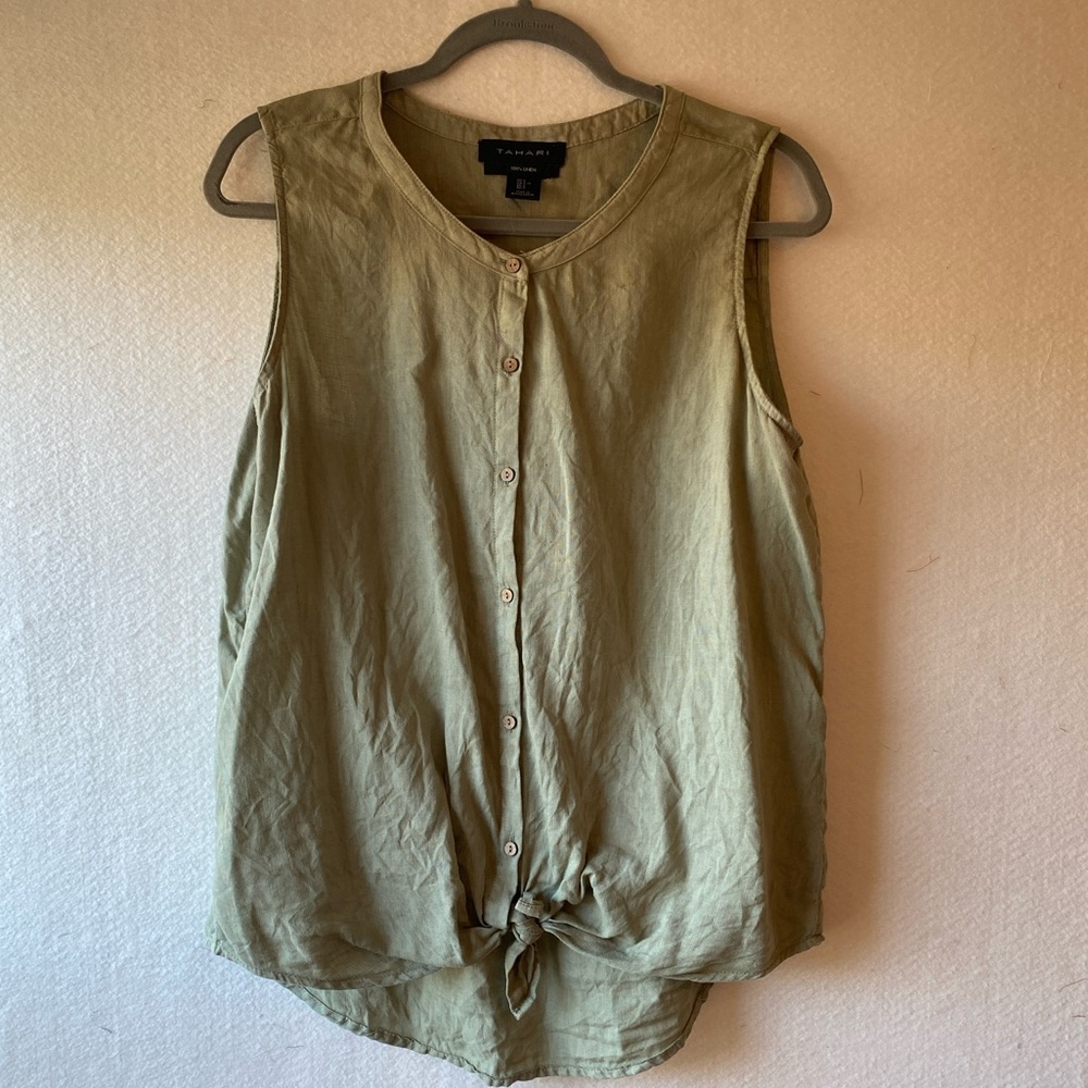 Tahari Green Linen Tank with Tie